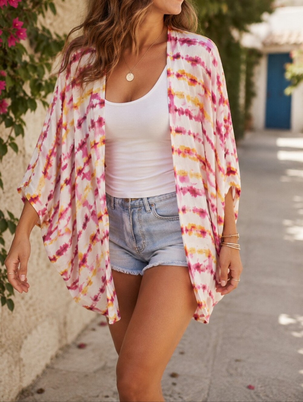 Anthropologie White Pink Yellow Tie-Dye Stripe Kimono Cardigan Tunic Viscose